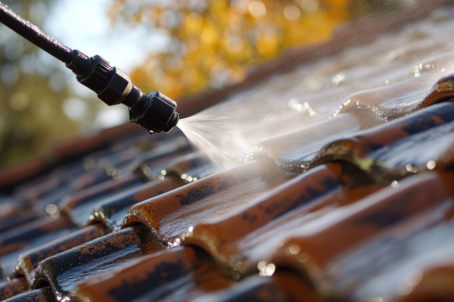 Jet wash cleaning a tiled roof in Fife