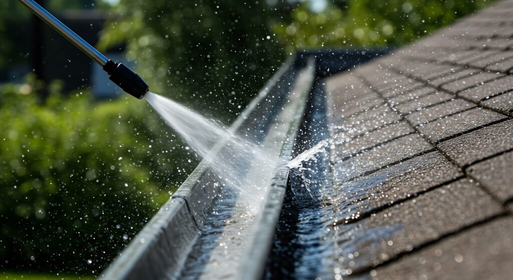 Gutter being flushed clean with a jet wash