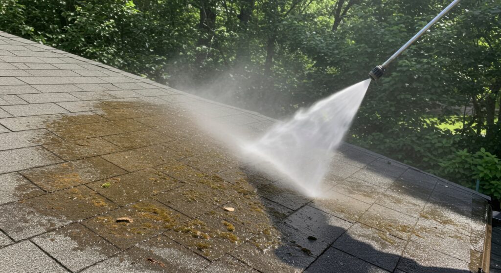 high pressure water cleaning of a roof covered in moss and dirt